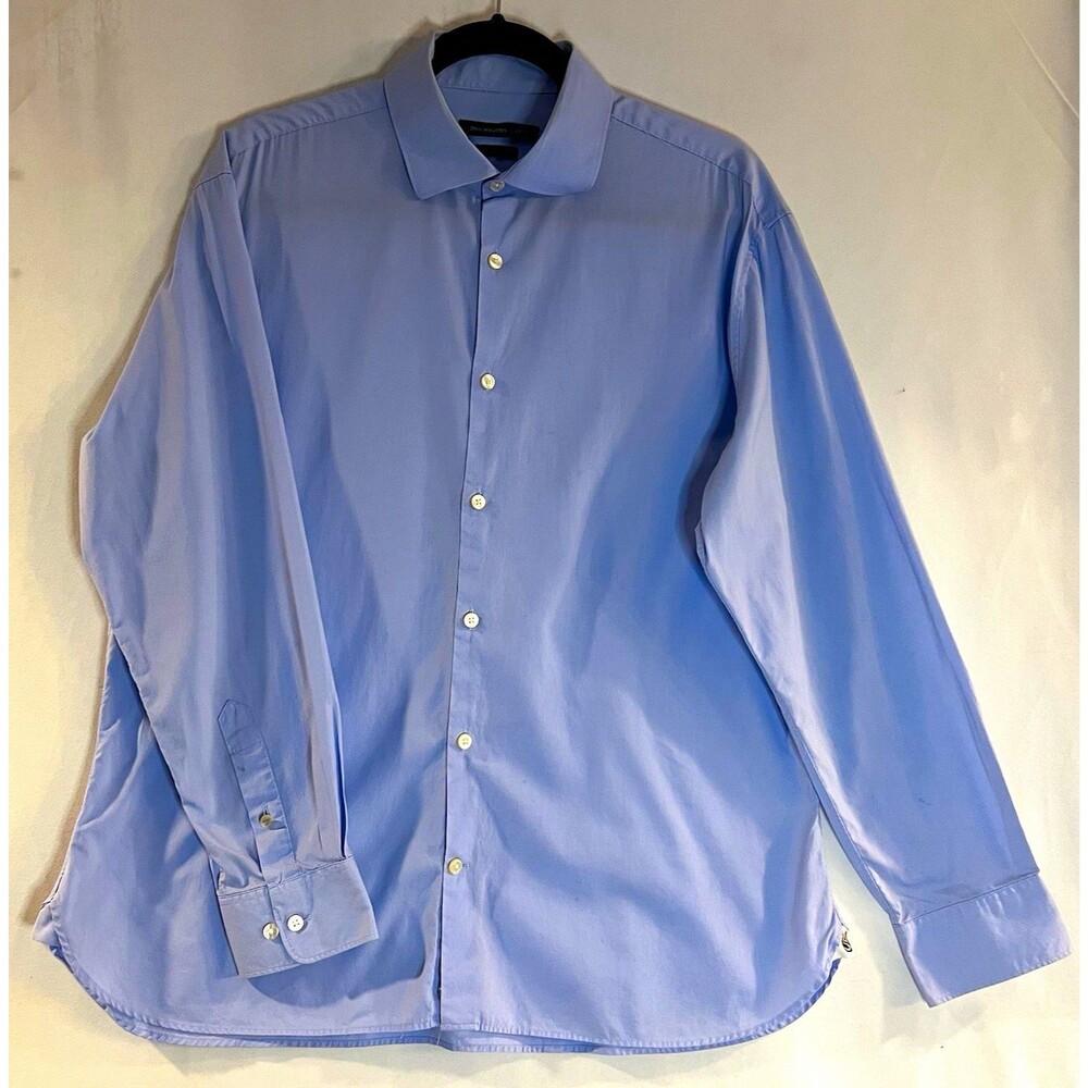 John Varvatos Mens Dress Shirt Slim Fit Blue Solid Cotton Size L 32/33